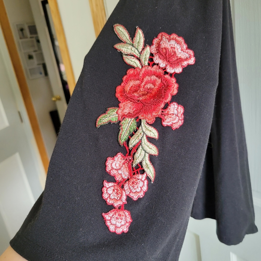 Black Top with Floral Embroidered Bell Sleeves
